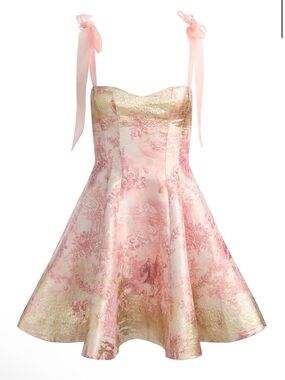 Alice and Olivia Tie-Shoulder Pink & Gold Brocade Mini Dress